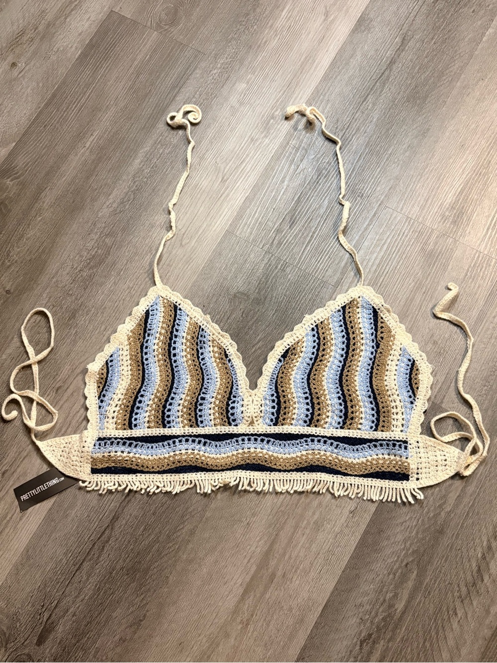 PrettyLittleThing Crochet Halter Bralette in Cream, Blue & Tan